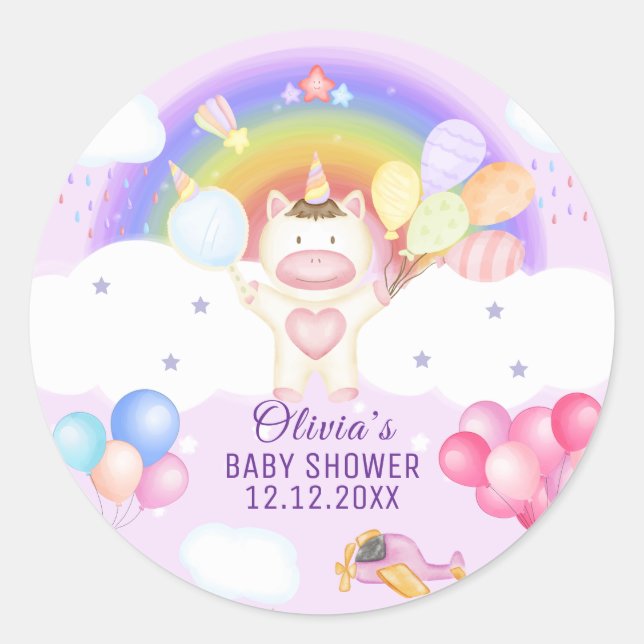 Pastel Balloon Unicorn Rainbow Baby Dusche Runder Aufkleber (Vorderseite)