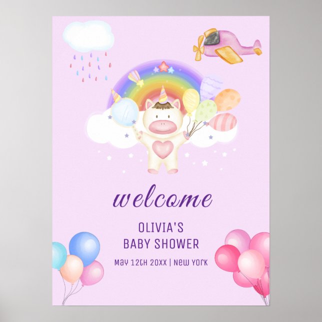 Pastel Balloon Unicorn Rainbow Baby Dusche Willkom Poster (Vorne)