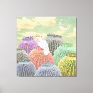 Pastel Barrel Cactus Parrot Moon sky Collage Leinwanddruck