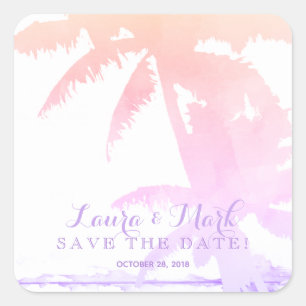 Pastel Beach Wedding Palm Tree Blätter Sunrise Quadratischer Aufkleber