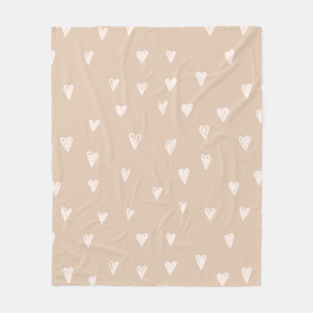 Pastel Beige Doodles Niedliches Herzmuster Fleecedecke (Vorderseite)