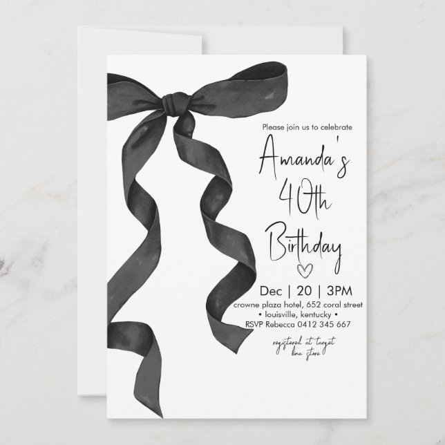 Pastel Black Bow Elegant Geburtstag Einladung (Vorderseite)
