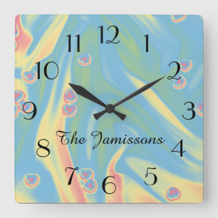 Pastel Blau mit kleinem Herz, Uhr, Name, Quadratische Wanduhr