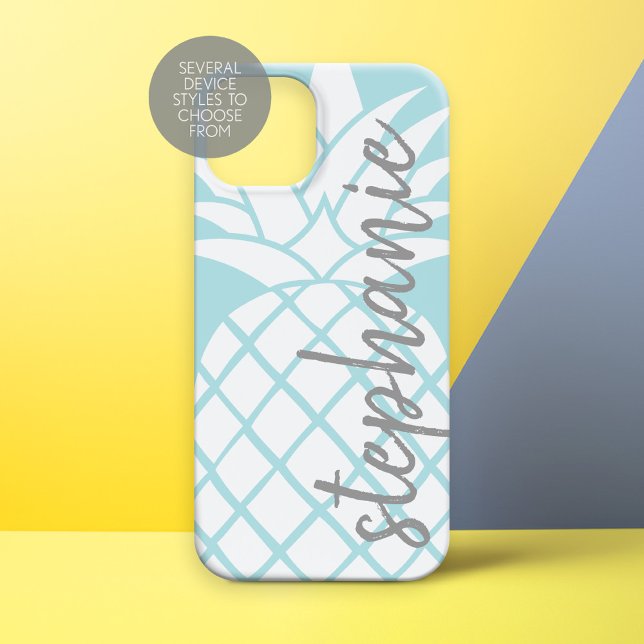 Pastel Blau und Weiß Trendy Ananas mit Namen Case-Mate iPhone Hülle (Personalized Phone Case - Trendy Pineapple)