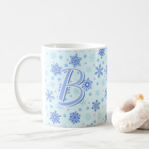 Pastel Blue Baby Blue Snowflakes Custom Monogram Kaffeetasse