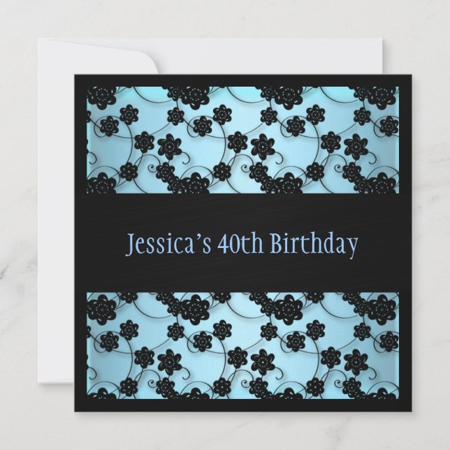 Pastel Blue & Black Blume 40. Geburtstag Einladung (Vorderseite)
