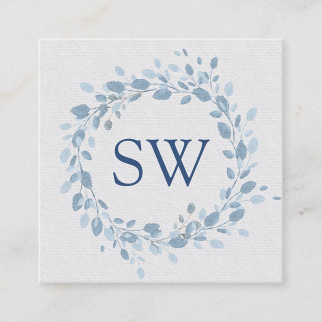 Pastel Blue Blätter Floral Monogram Wedding Planne Quadratische Visitenkarte (Vorderseite)