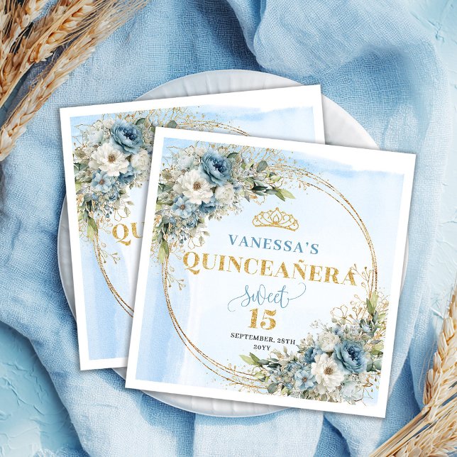 Pastel Blue Boho Floral Gold Glitter 15th Birthday Serviette (Pastel Blue Boho Floral Gold Glitter 15th Birthday Napkins)