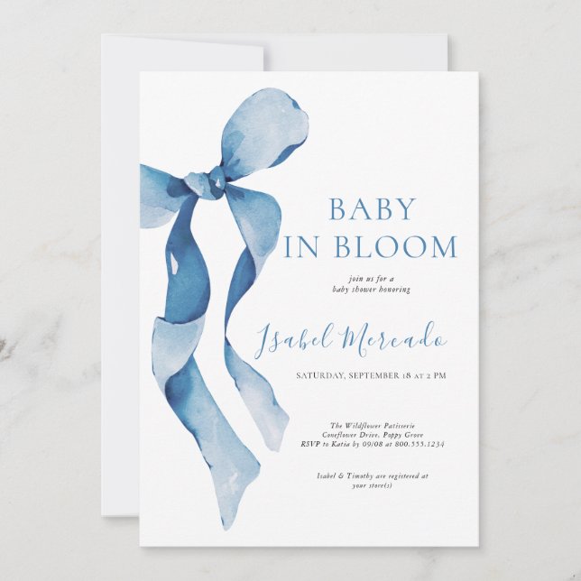 Pastel Blue Bow Baby in Bloom Einladung (Vorderseite)