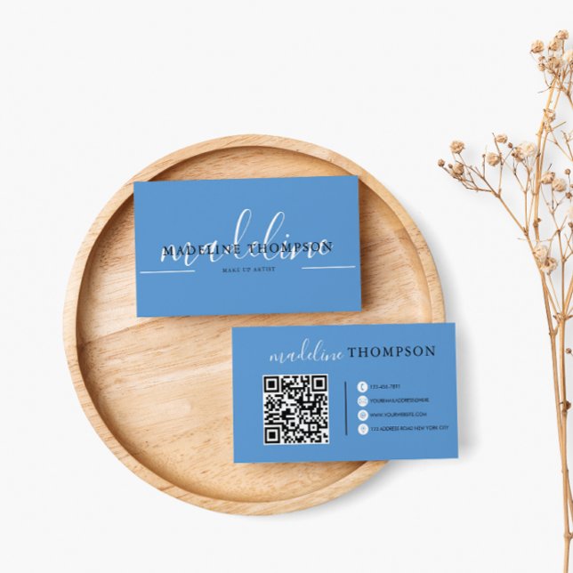 Pastel Blue Calligraphy Script QR-Code Visitenkarte (Von Creator hochgeladen)