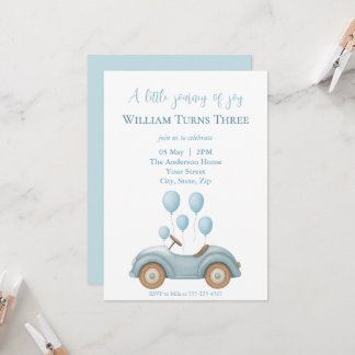 Pastel Blue Car & Balloons Boys Birthday Party - Einladung