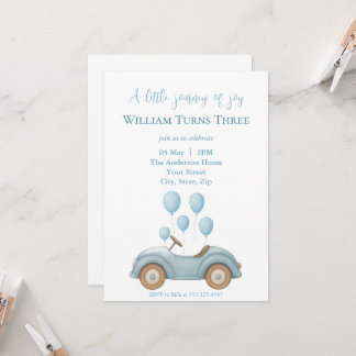 Pastel Blue Car & Balloons Boys Birthday Party - Einladung