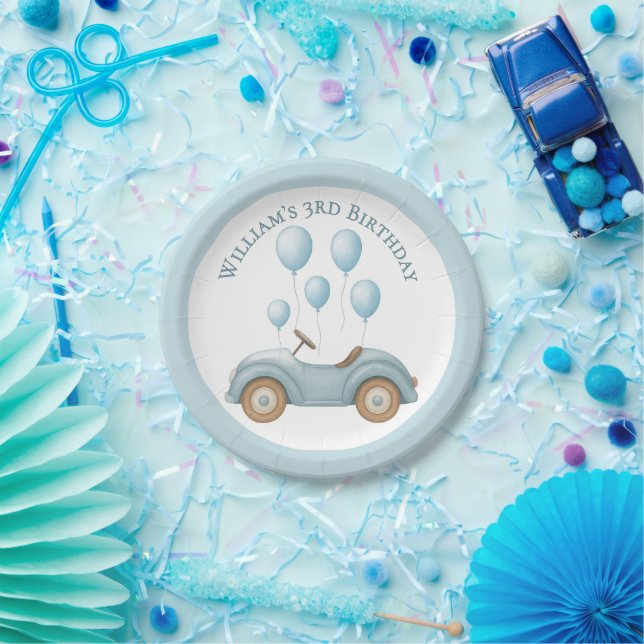 Pastel Blue Car & Balloons Boys Birthday Party - Pappteller (Party)