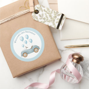 Pastel Blue Car & Balloons Geburtstagsparty-Aufkle Runder Aufkleber