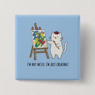Pastel Blue Cat Artist Painting Abstract Messy  Button