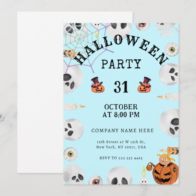 Pastel Blue Classic Halloween Office-Party Einladung (Vorne/Hinten)