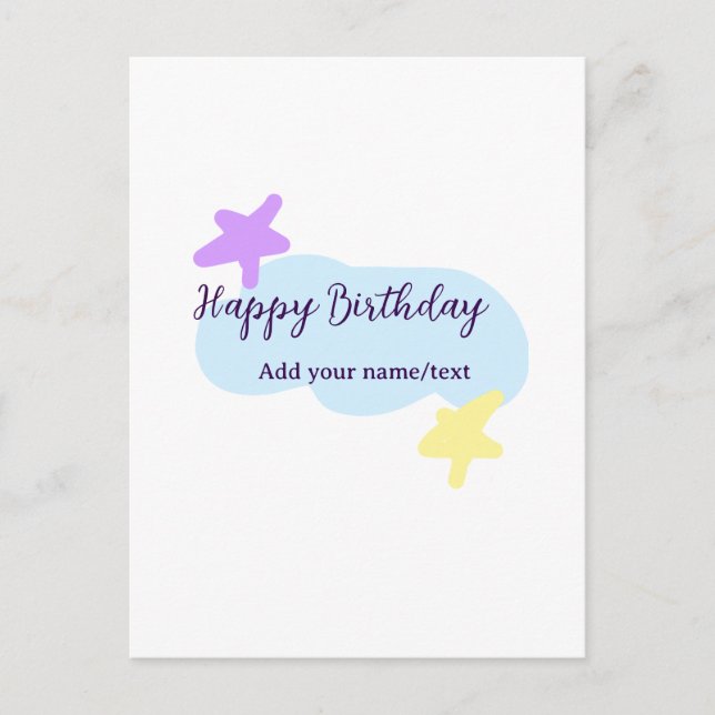 Pastel blue clouds stars purple happy birthday nam postkarte (Vorderseite)