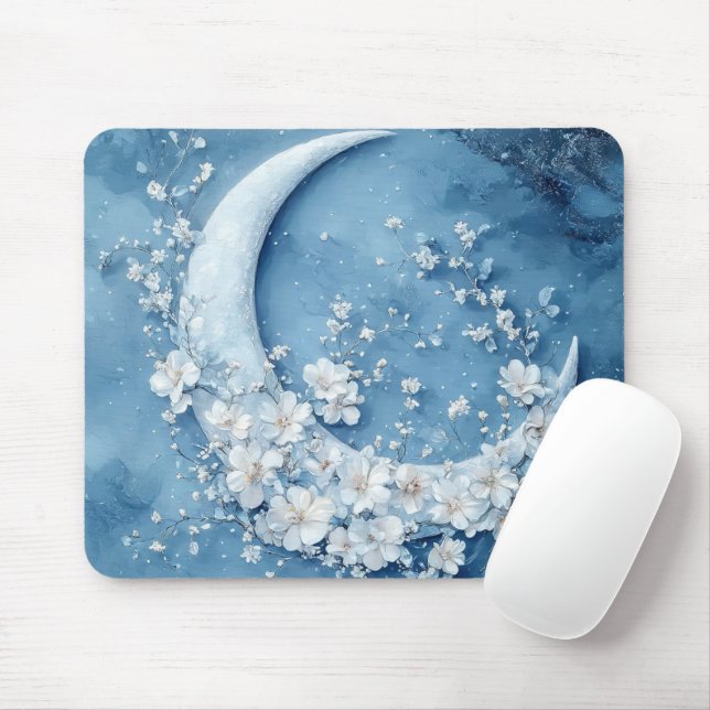 PASTEL BLUE CRESCENT MOON WITH WHITE FLOWERS MOUSEPAD (Mit Mouse)