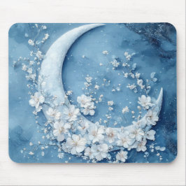 PASTEL BLUE CRESCENT MOON WITH WHITE FLOWERS MOUSEPAD