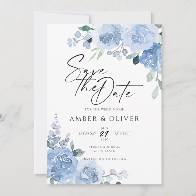 Pastel Blue Dusty Floral Light Boho Save the Date Einladung (Vorderseite)