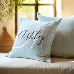 Pastel Blue Edge Ombre Glitzer Monogram Kissen