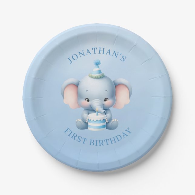 Pastel Blue Elephant Geburtstag Pappteller (Vorderseite)