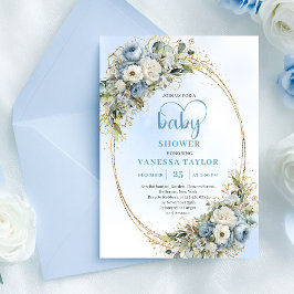 Pastel Blue Eucalyptus Floral Gold Baby Shower Einladung