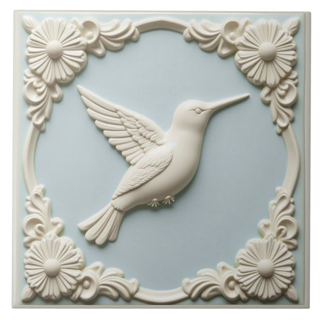 Pastel blue faux relief Art Nouveau Hummingbird  Fliese (Vorderseite)