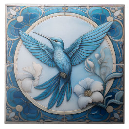 Pastel blue faux relief Art Nouveau Hummingbird L Fliese