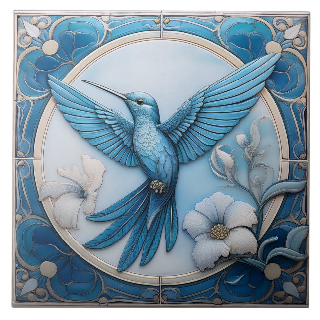 Pastel blue faux relief Art Nouveau Hummingbird L Fliese (Vorderseite)
