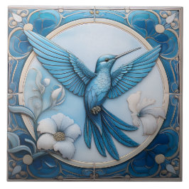 Pastel blue faux relief Art Nouveau Hummingbird R Fliese