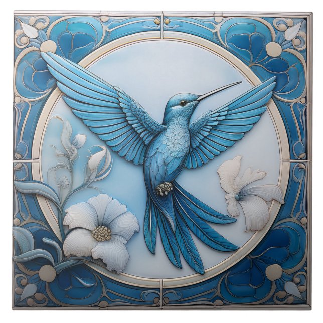 Pastel blue faux relief Art Nouveau Hummingbird R Fliese (Vorderseite)