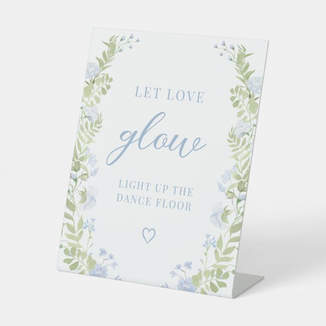 Pastel Blue Floral Boho Wedding Let Love Glow Sign Sockelschild (Vorderseite)