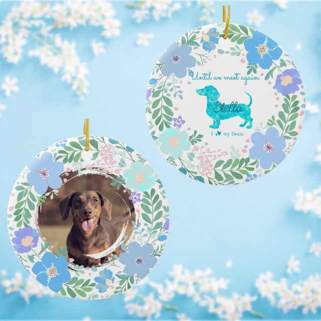 Pastel Blue Floral Dachshund Custom Photo Memorial Keramik Ornament (Von Creator hochgeladen)