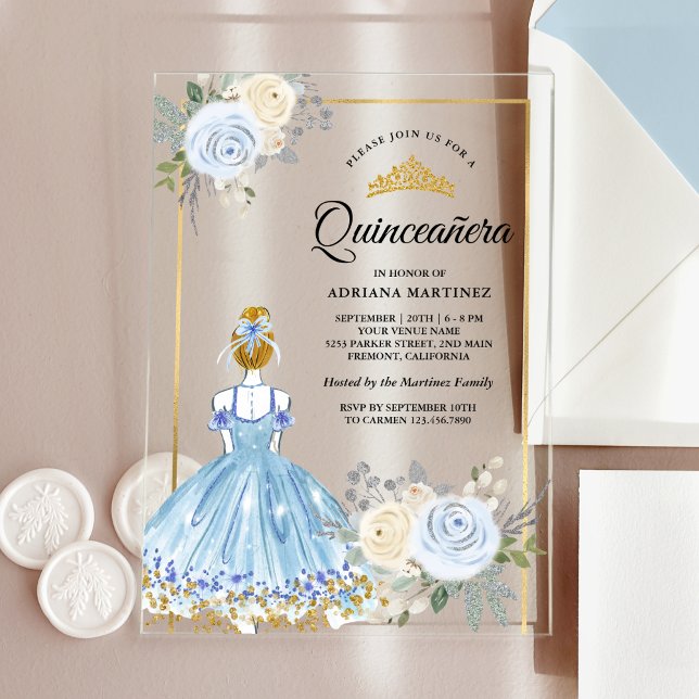 Pastel Blue Floral Dress Princess Gold Quinceanera Acryleinladungen (Von Creator hochgeladen)