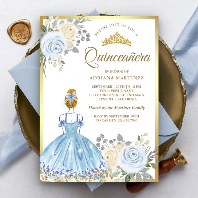 Pastel Blue Floral Dress Princess Gold Quinceanera Einladung (Von Creator hochgeladen)