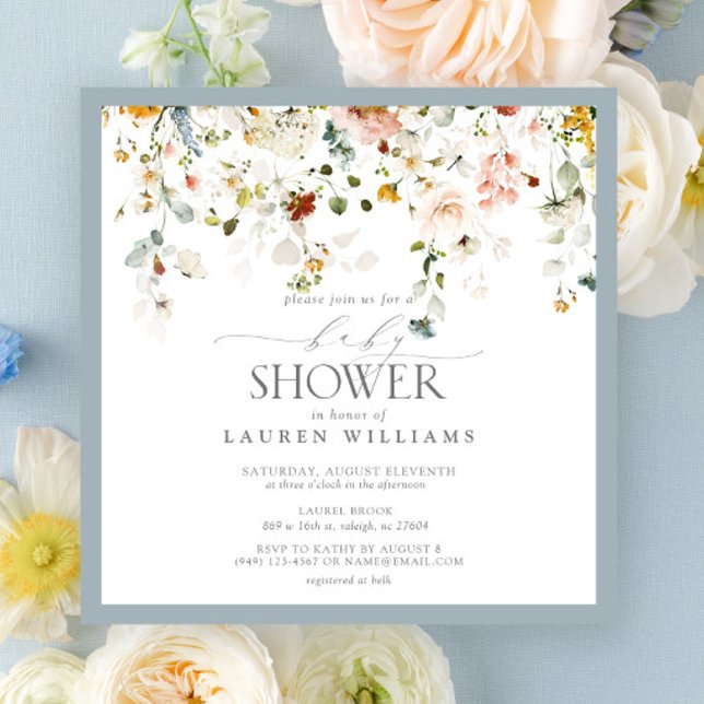 Pastel Blue Floral Drop Script Baby Dusche Einladung (Baby Shower Invitation!)