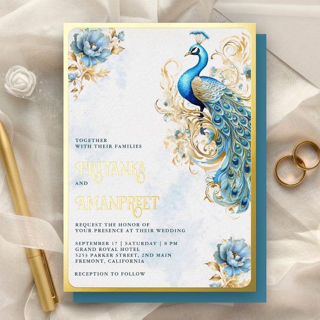 Pastel Blue Floral Indian Peacock Wedding Gold Folieneinladung (Von Creator hochgeladen)