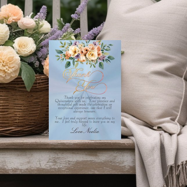 Pastel Blue - Floral & Silver Tiara Quinceanera Dankeskarte (Von Creator hochgeladen)