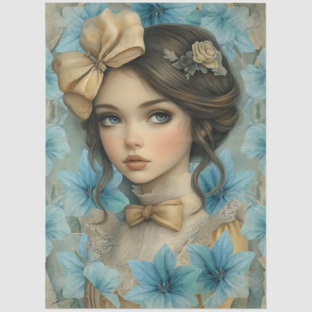 Pastel Blue Florals & Girl with Flower in Her Hair Seidenpapier (Vorderseite)