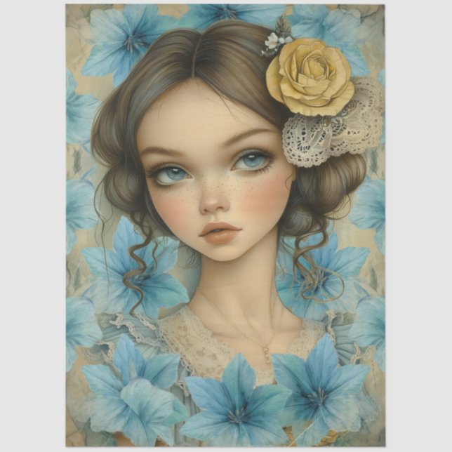 Pastel Blue Florals & Girl with Flower in Her Hair Seidenpapier (Vorderseite)