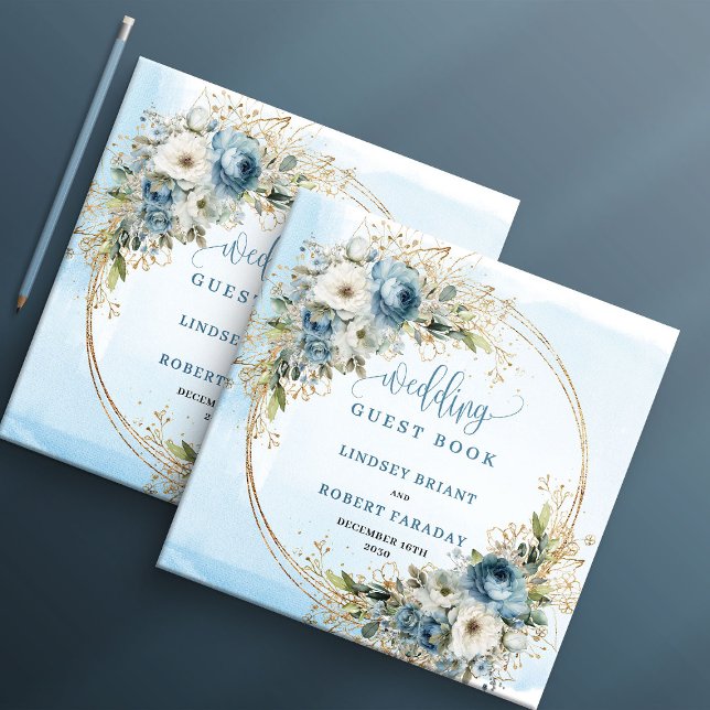 Pastel Blue Flowers Eucalyptus Gold Wedding Book Gästebuch (Pastel Blue Flowers Eucalyptus Gold Wedding Guest Book)