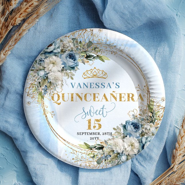 Pastel Blue Flowers Gold Custom Quinceañera Plates Pappteller (Pastel Blue Flowers Gold Custom Quinceañera Plates)