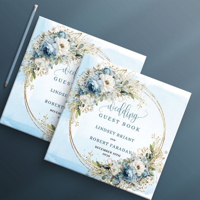 Pastel Blue Flowers Gold Wedding Sign In Book Gästebuch (Pastel Blue Flowers Gold Wedding Sign In Book)