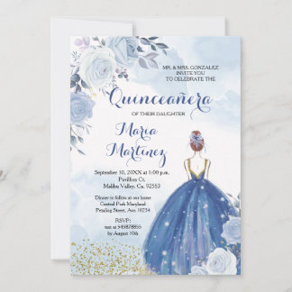 Pastel Blue Flowers Quinceañera Einladung