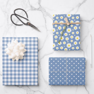 Pastel Blue Gingham Daisy Blume Polka Dot Pattern Geschenkpapier Set