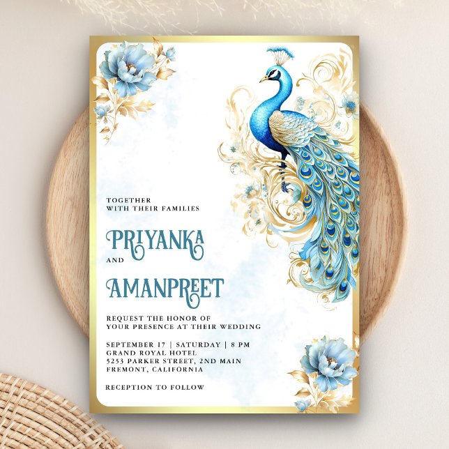 Pastel Blue Gold Floral Indian Peacock Wedding Einladung (Von Creator hochgeladen)