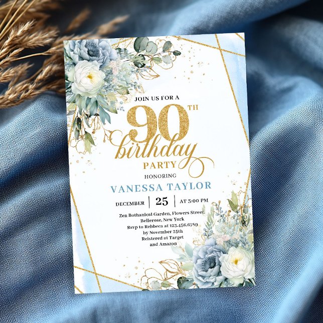 Pastel blue gold greenery luxe script 90 birthday einladung (Pastel blue gold greenery luxe script 90th birthday invite)