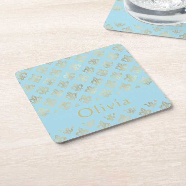 Pastel Blue Gold Lilie Personalisiert Rechteckiger Pappuntersetzer (angewinkelt)