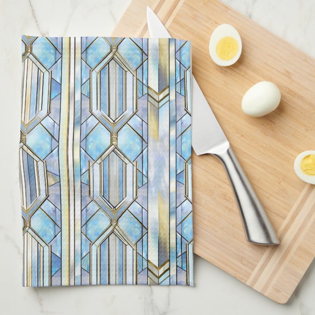 PASTEL BLUE GOLD MODERN ART DECO PATTERIEN GESCHIRRTUCH (Viertel Falte)